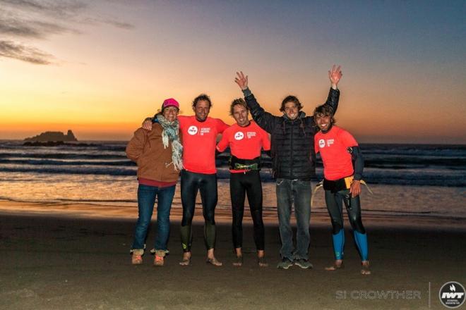 Day 2 – Sam Bittner with Matanzas's Wave Classic Pro Men's Finalists (L to R): Felipe Wedeles (4th), Morgan Noireaux (2nd), Benjamin Fabres (1st) and Alex Vargas (3rd) ©  Si Crowther / IWT